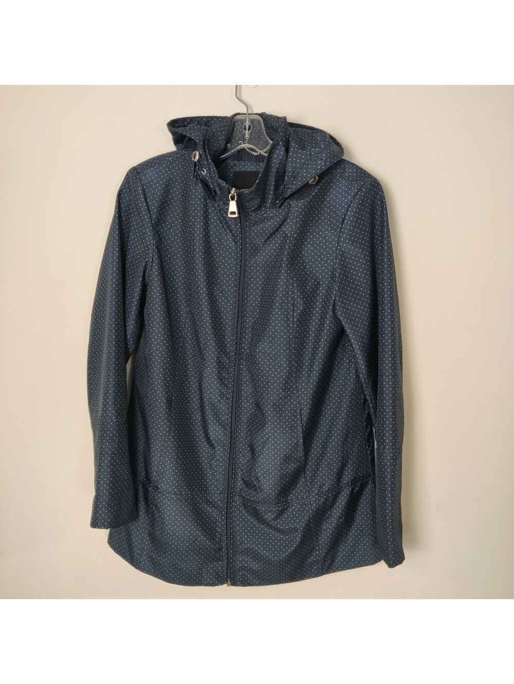 Novelti Navy Blue Polka Dot Hooded Rain Jacket Zip Up Trench Coat Women's Size 8